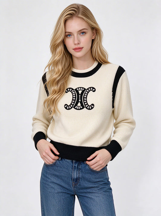 Maglione a coste donna CE | Color block e scritte