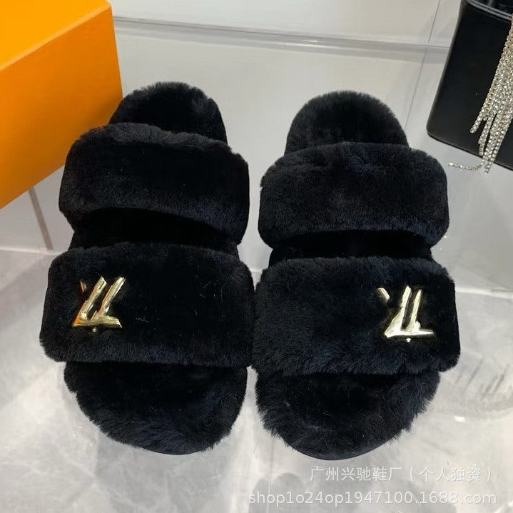 Las nuevas zapatillas peludas de L para otoño e invierno 2024, ropa de mujer, lana de cordero, chanclas de suela gruesa, antideslizantes y chanclas cálidas de suela plana