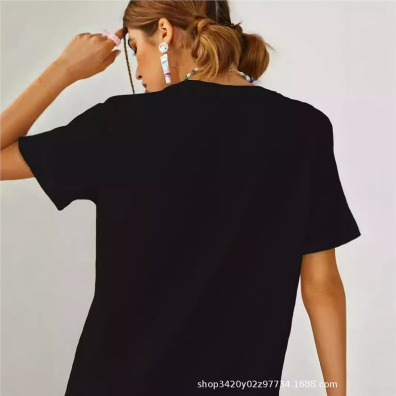 Camiseta de verano, camiseta de largo medio y de largo medio de estilo cross-fronterizo con un top de estilo transfronterizo, camiseta de verano, estampado perezoso de algodón puro, holgada para mujeres