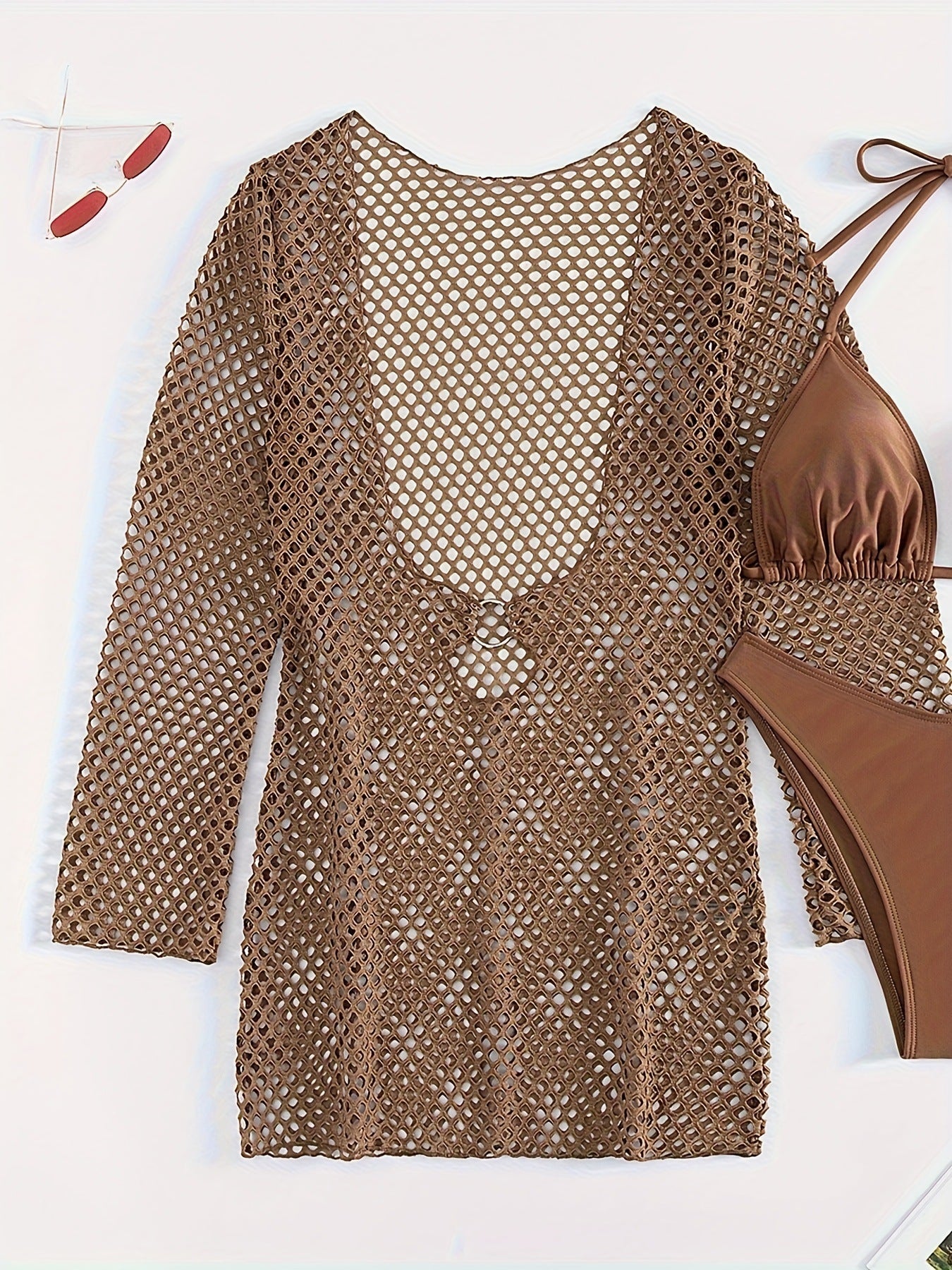 Vestido de verano transfronterizo europeo y americano para proteger el sol de playa, conjunto de bikini de playa transparente de punto hueco y sexy