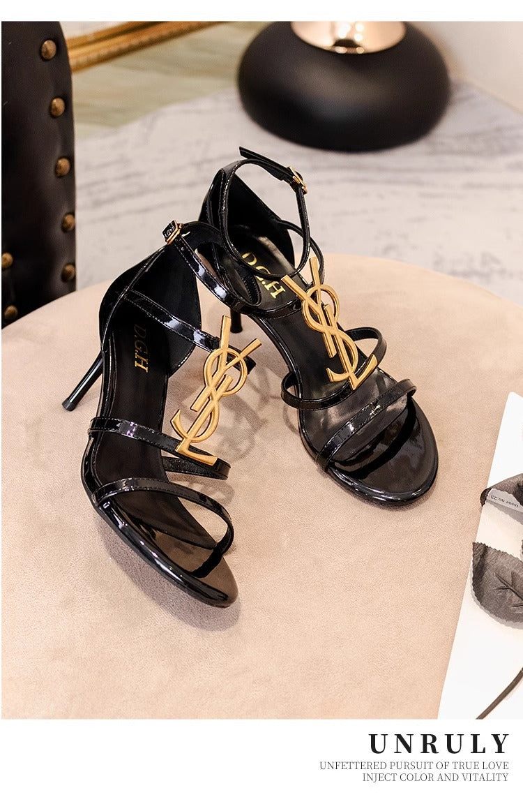Tacones franceses para mujer, hebilla metálica de una sola tira para el verano 2025 de verano 2025, sandalias sexys para mujer
