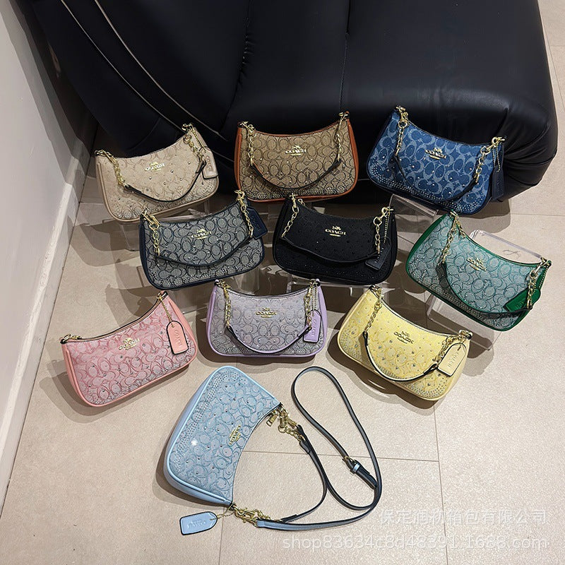 Bolso monograma Koujia con pedrería con media luna y media, nuevo bolso de cadena versátil transfronterizo, bolso bandolero cruzado de un solo hombro