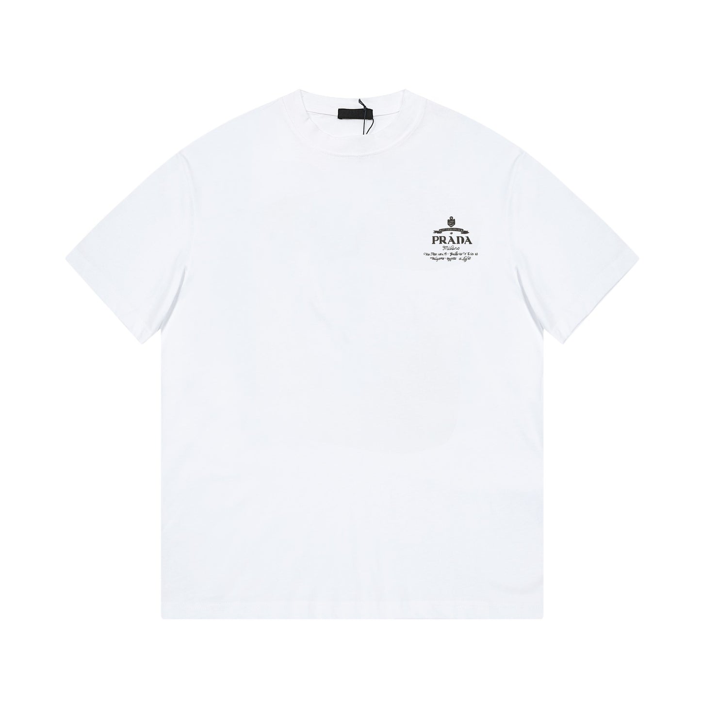 Versión de lujo de alta gama pra Pujia triángulo metálico LOGO, camiseta unisex de verano suelta y versátil con estampado y manga corta