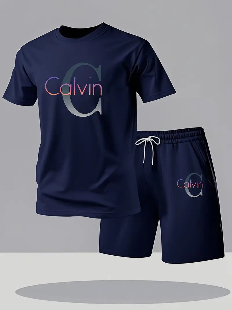 Camiseta de manga corta de moda para comercio exterior transfronterizo en verano, pantalones cortos deportivos informales, conjunto de camisetas de moda estampadas, conjunto de dos piezas en stock