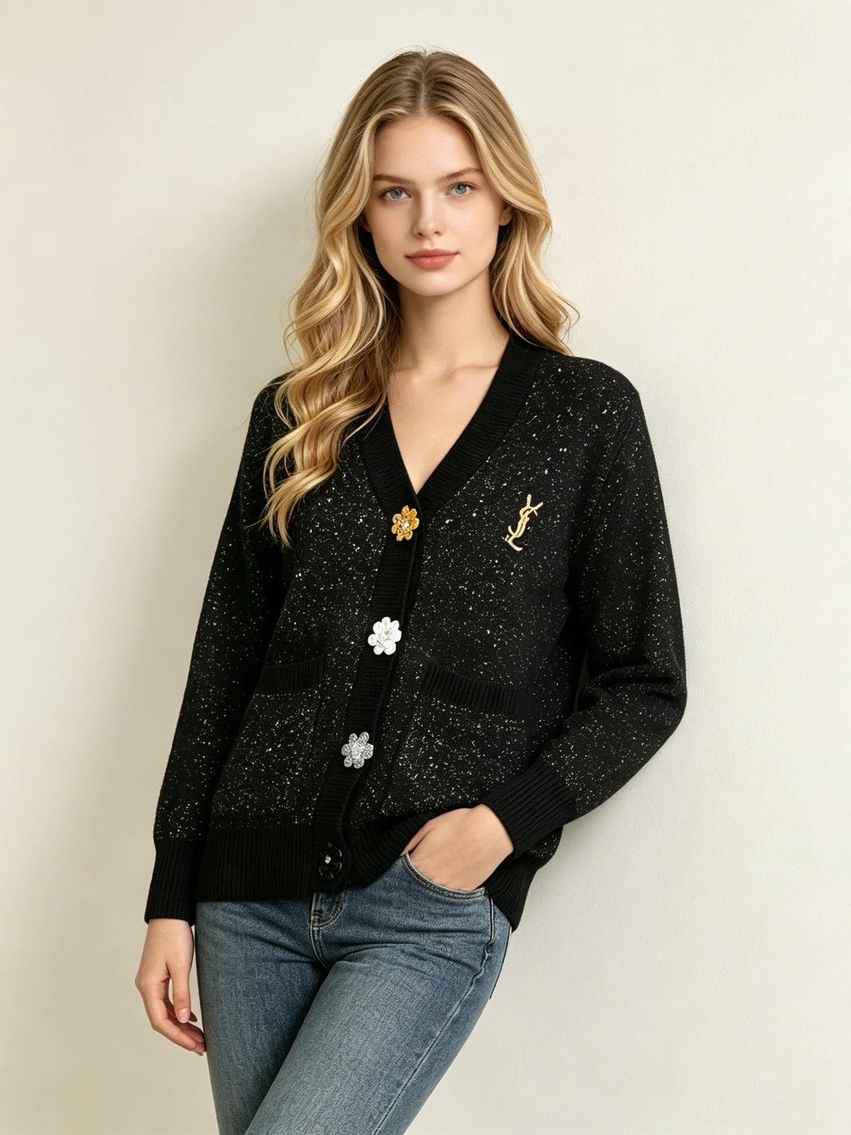 Women's long cardigan Y | Glitter knit and floral buttons