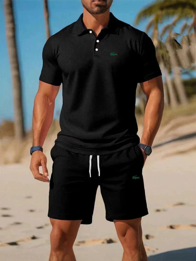 Polo negro de manga corta + pantalones cortos de verano 2026 Conjunto deportivo casual, sencillo, a la moda, de secado rápido, transpirable