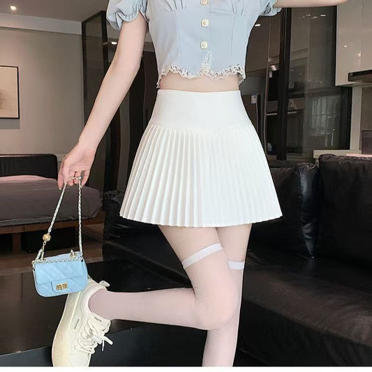 Women's short pleated skirt, new spring/summer midi skirt, new high-waisted A-line skirt, slimming, black and white, anti-exposure