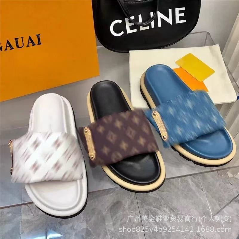 Zapatillas de Velcro de suela gruesa Donkey Home para mujer, 2025 Nuevas zapatillas antideslizantes de denim con letras antideslizantes para exportación