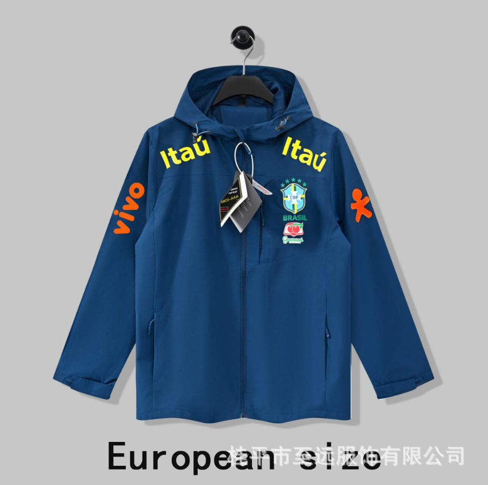 Veste brésilienne, coupe-vent à capuche, veste imperméable coupe-vent, usine d'articles de sport, vêtements d'entraînement de football en gros