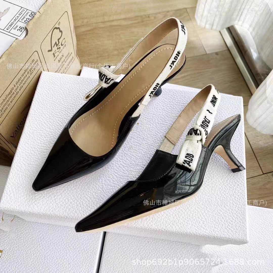 Primavera y otoño 2026 Nuevos tacones altos Zapatos familiares D Lazos de letras bordados Sandalias de cuero genuino Tacones de gato Tacones de aguja para mujer