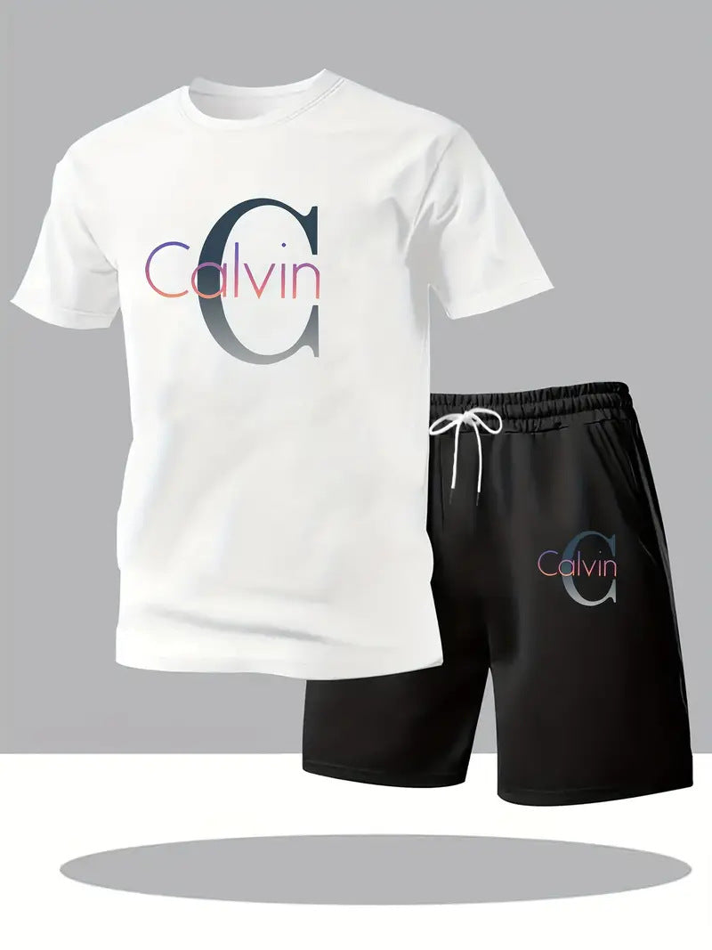 Camiseta de manga corta de moda para comercio exterior transfronterizo en verano, pantalones cortos deportivos informales, conjunto de camisetas de moda estampadas, conjunto de dos piezas en stock