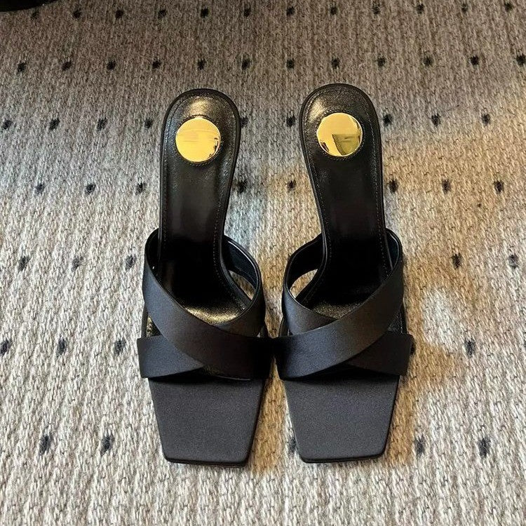 25 Nuevos zapatos de cruz de alta costura con tacones metálicos y zapatillas de tacón alto de seda para mujer, tacones altos abiertos y sensuales