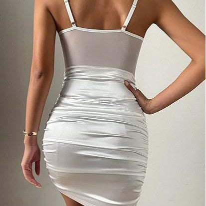 Vestido corto transfronterizo europeo y americano, sexy y sexy de otoño/invierno, de encaje, parche transparente, tirantes ajustados, con caderas