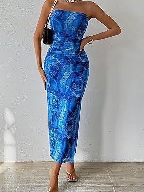 Vestido sin tirantes sin tirantes Shein de Amazon en comercio exterior exterior europeo y estadounidense 2025 con estampado sin mangas y abertura