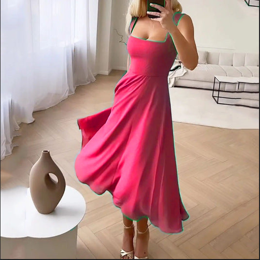 2023 Comercio Exterior Transfronterizo Europa y América Amazon Verano nuevo con escote cuadrado con tirantes finos Vestido elegante que ceñe la cintura Vestido largo elegante