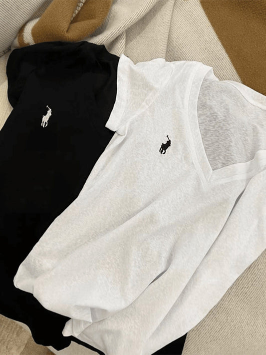 [Algodón copo de nieve + cuello trasero] Nuevo pony de primavera/verano bordado en pico, escote en V sencillo, manga corta, color sólido, adelgazante, estilo desplazamiento