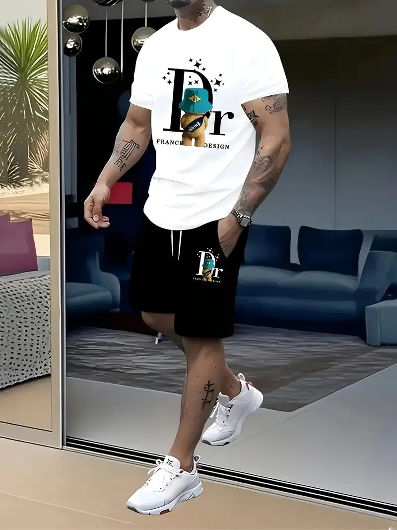 Camiseta de manga corta de moda para comercio exterior transfronterizo en verano, pantalones cortos deportivos informales, conjunto de camisetas de moda estampadas, conjunto de dos piezas en stock