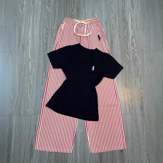 Conjunto de moda de comercio exterior, camiseta nueva de verano para mujer de manga corta bordada y suelta, pantalones anchos de rayas, conjunto informal de dos piezas, ins.