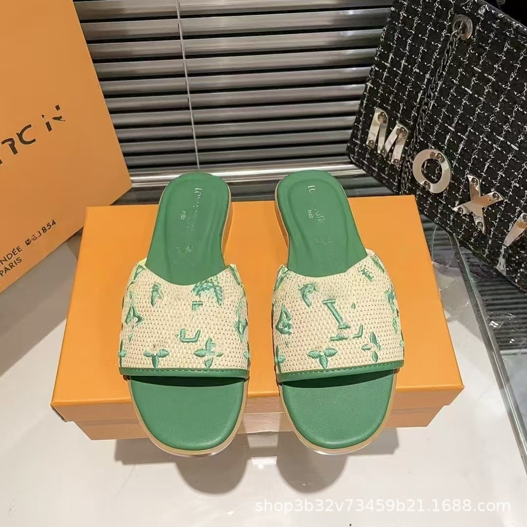 Sandalias Planas Mujer Logo LV | Tela Jacquard Suela Goma Playa