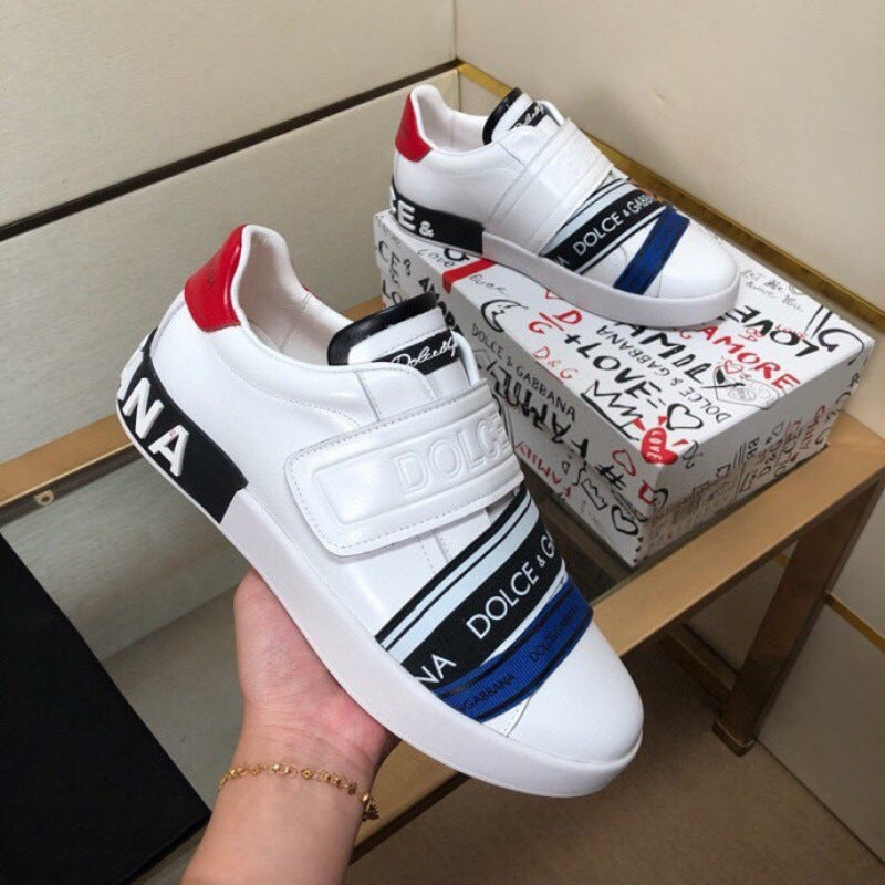 Zapatillas casuales de cuero hombre familia DG | Velcro blancas versátiles