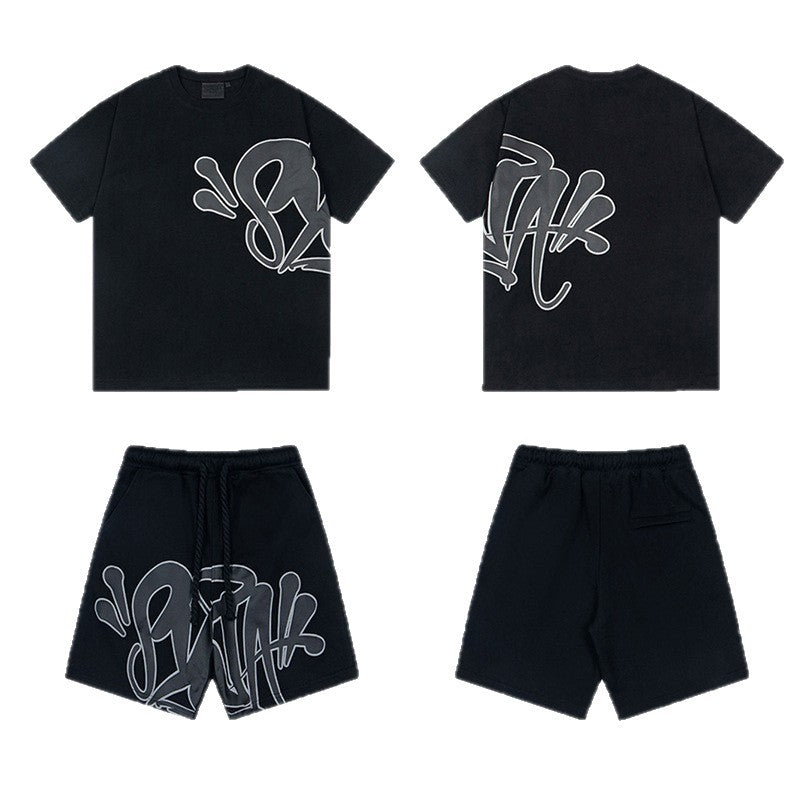 Camiseta americana de hip-hop callejero, camiseta de manga corta holgada con letras de hombre, pantalones cortos informales, conjunto deportivo versátil