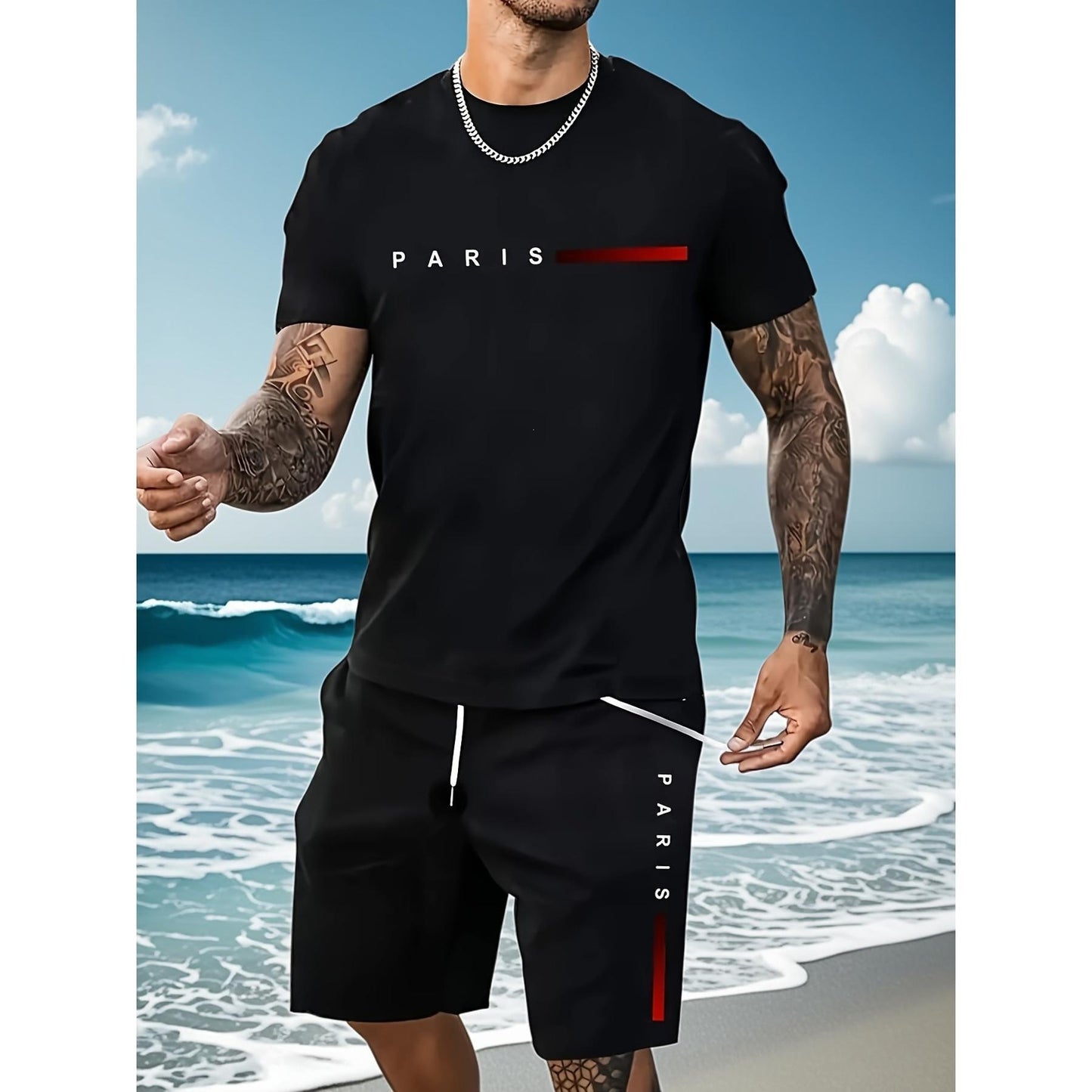 Conjunto casual de hip-hop casual de verano con impresión digital 3D de Amazon de Amazon lleva pantalones cortos de cuello redondo y manga corta sueltos