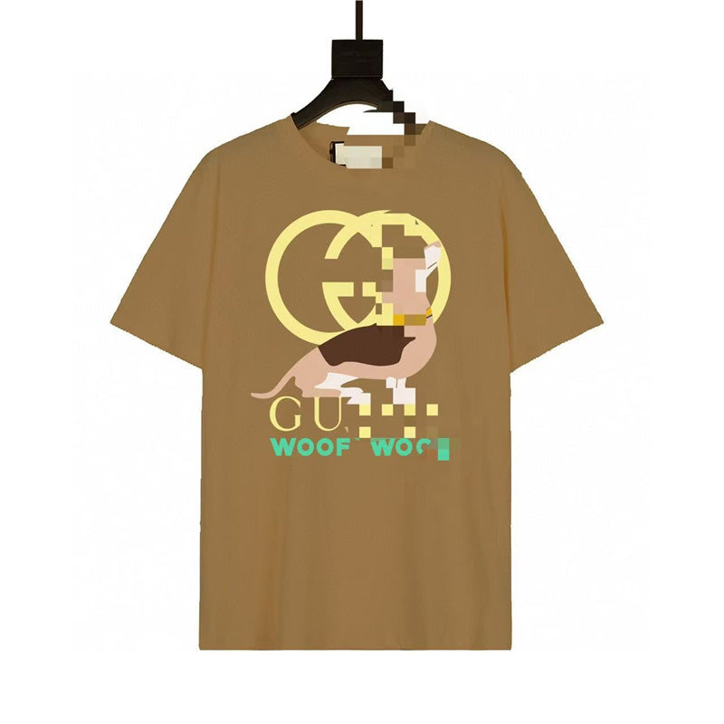 Letra de la familia G, camiseta con estampado de perro de pan, doble anillo, gran logo, manga corta, hombre y mujer de la misma pareja, estilo transfronterizo