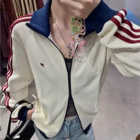 Women's Embroidered Cardigan A | High Neck and Three Stripes