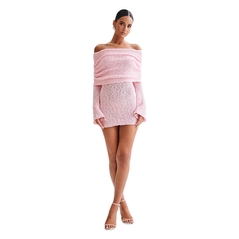 Women's Spring Summer Knitted Dress Elegant Party Boat Neck Dress Infant Off Shoulder Bodycon Long Sleeve Fuzzy Short Club Chic Mini Dress envio-gratis