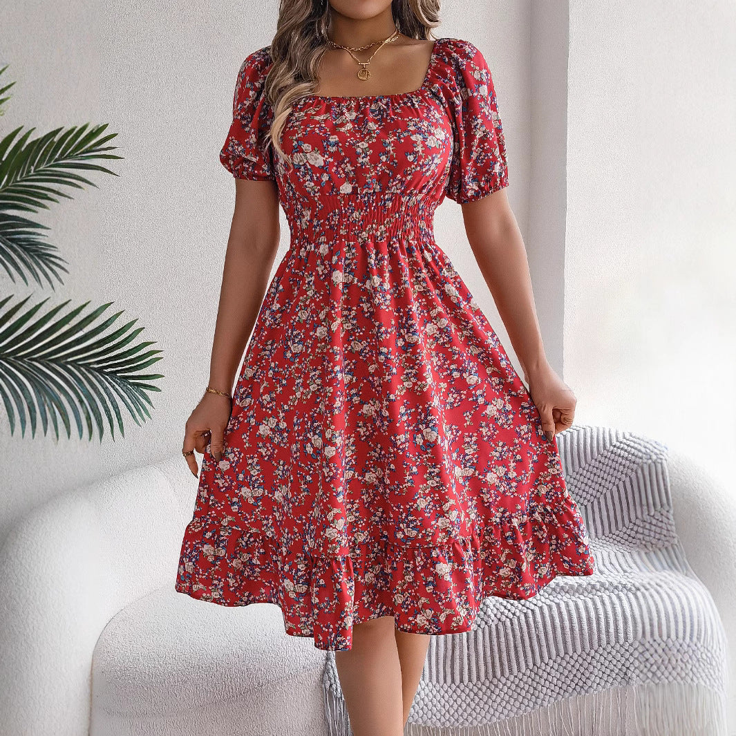 Vestido Floral Cuello Cuadrado Mujer - Volantes Verano