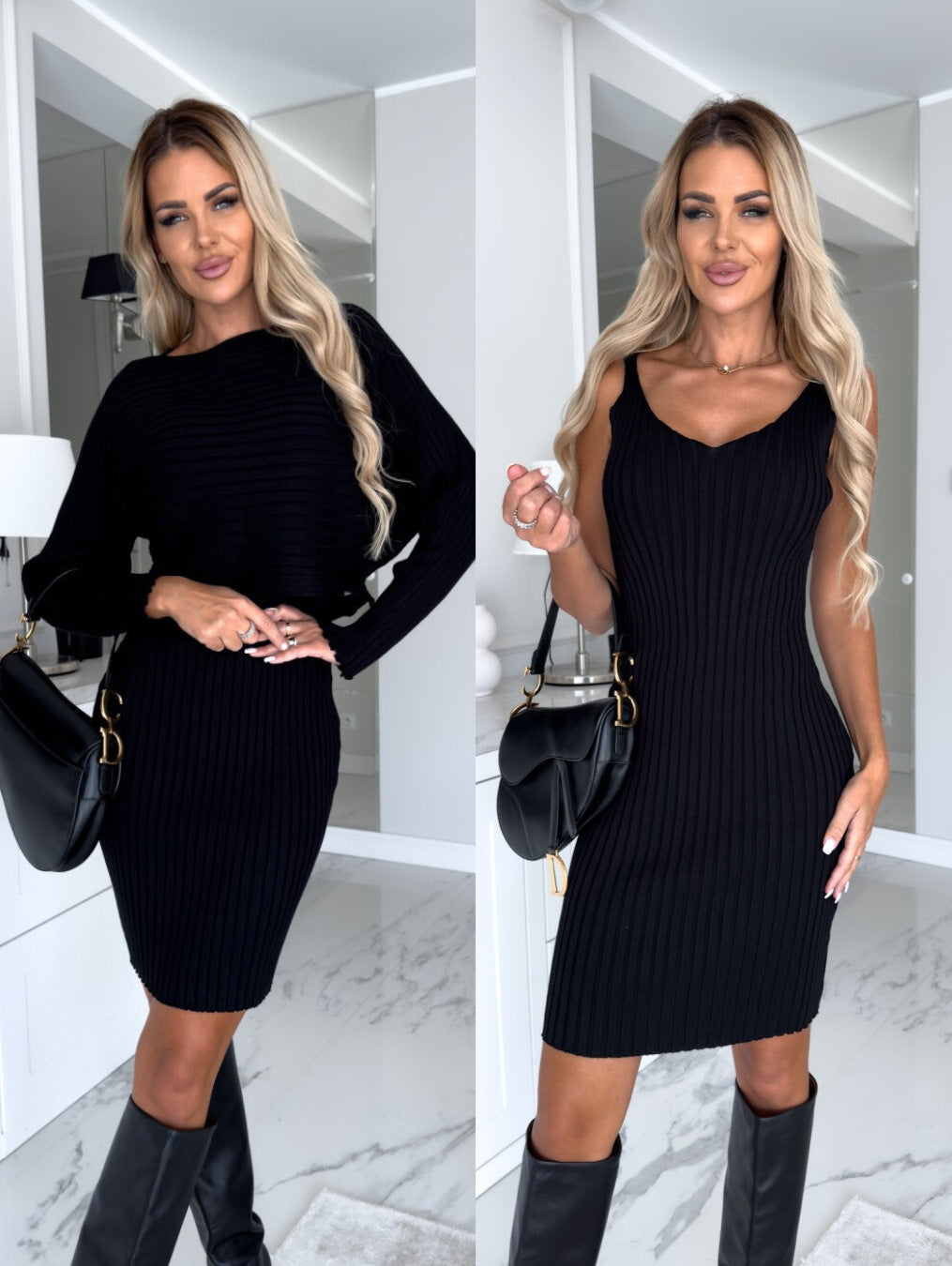 2pcs Suit Women's Solid Stripe Long-sleeved Top And Tight Suspender Skirt Fashion Autumn Winter Slim Clothing  envio-gratis