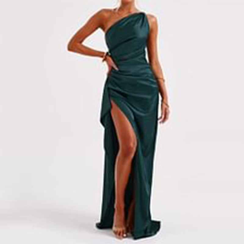 Sexy One-shoulder Backless Slit Dress Summer Elegant Slim-fit Solid Color Satin Dresses For Women envio-gratis