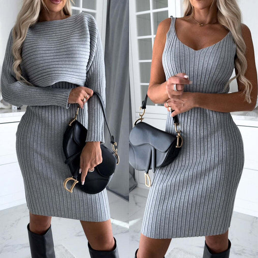 2pcs Suit Women's Solid Stripe Long-sleeved Top And Tight Suspender Skirt Fashion Autumn Winter Slim Clothing  envio-gratis