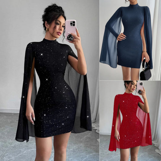 Vestido Elegante con Perlas y Manga Capa para Mujer – Envío Gratis