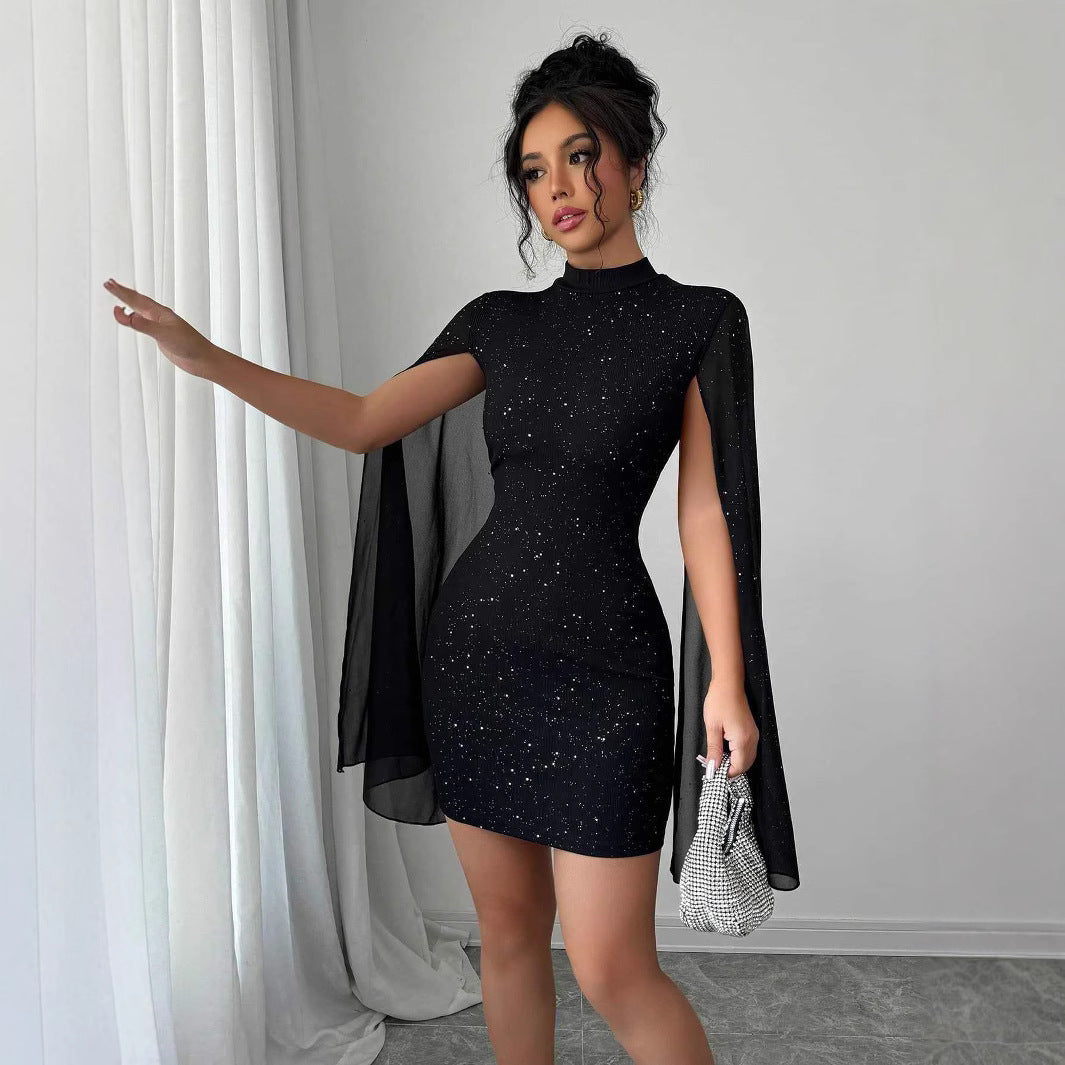 Vestido Elegante con Perlas y Manga Capa para Mujer – Envío Gratis