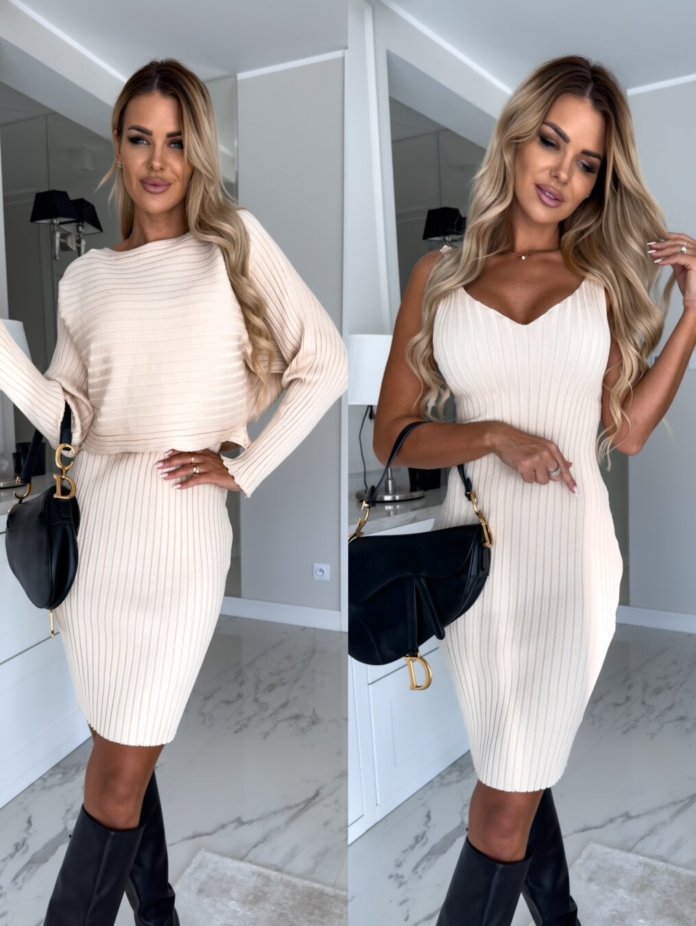 2pcs Suit Women's Solid Stripe Long-sleeved Top And Tight Suspender Skirt Fashion Autumn Winter Slim Clothing  envio-gratis