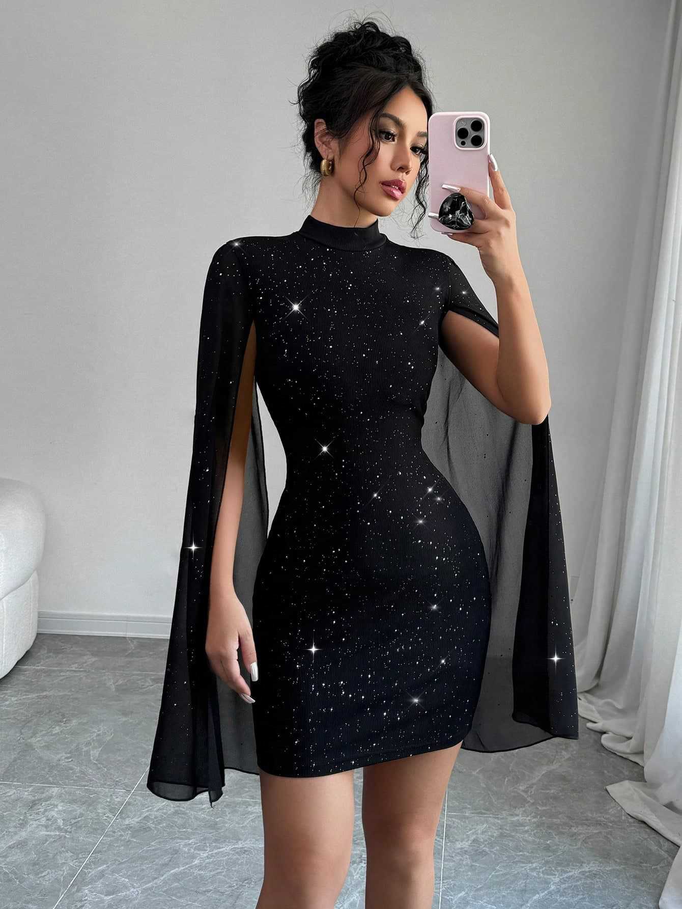 Vestido Elegante con Perlas y Manga Capa para Mujer – Envío Gratis